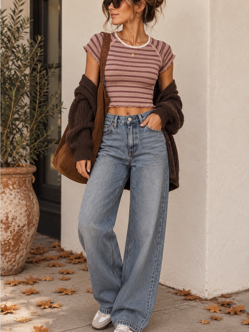 Anthropologie Mauve Burgundy Striped Ribbed Baby Tee Crop Top XXS